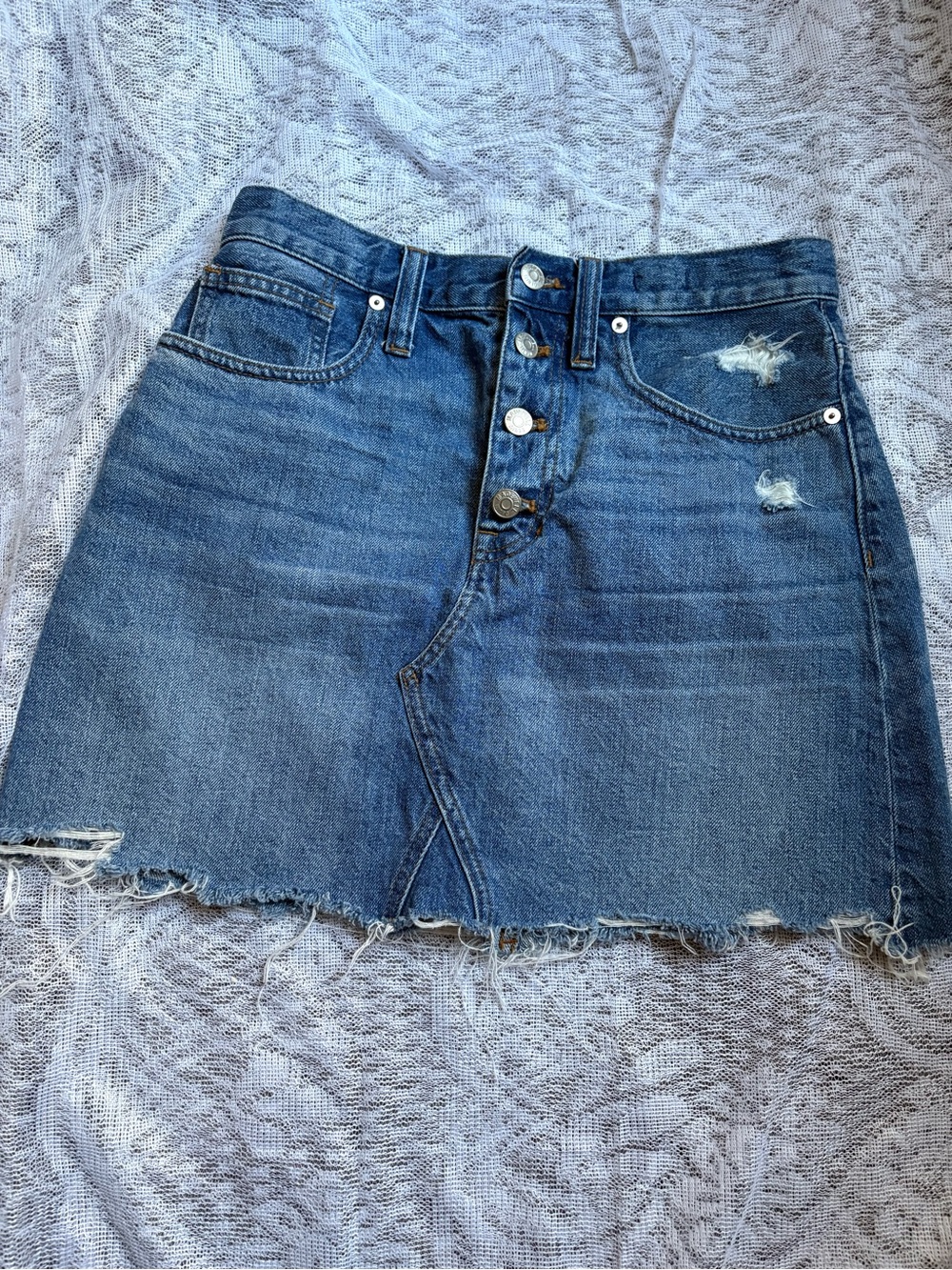 Madewell Distressed Blue Denim Mini Skirt with Button Front
